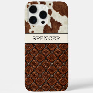 Coque iPhone 16 Pro Max Cuir de vache marron et cuir monogrammé