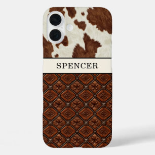 Coque Pour iPhone 16 Plus Cuir de vache marron et cuir monogrammé
