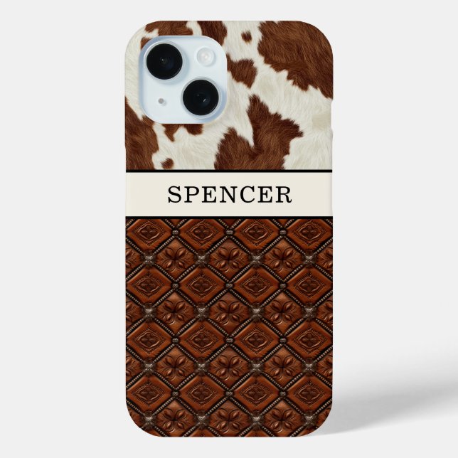 Coques Case-Mate iPhone Cuir de vache marron et cuir monogrammé (Verso)
