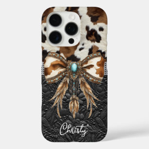 Coque iPhone 16 Pro Cuir de vache noir Bijou Nœud