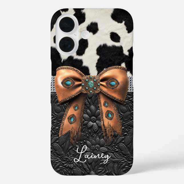 Coques Case-Mate iPhone Cuir de vache noir et blanc orné d'un nœud (Verso)