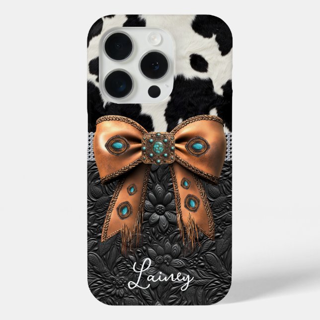 Coques Case-Mate iPhone Cuir de vache noir et blanc orné d'un nœud (Verso)