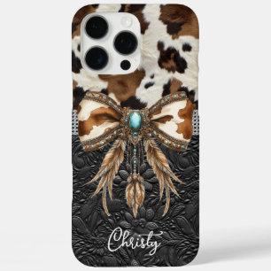 Coque iPhone 16 Pro Max Cuir de vache noir Jewel Bow