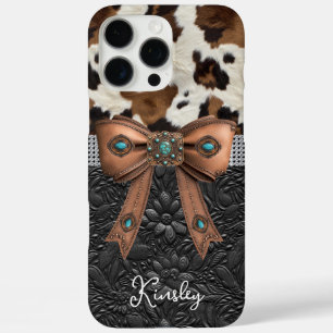 Coque iPhone 16 Pro Max Cuir de vache noir orné d'un nœud