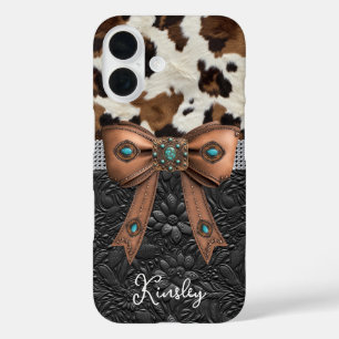 Coque Pour iPhone 16 Cuir de vache noir orné d'un nœud papillon