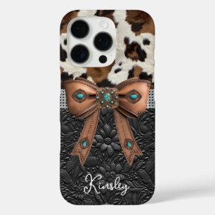 Coque iPhone 16 Pro Cuir de vache noir orné d'un nœud papillon