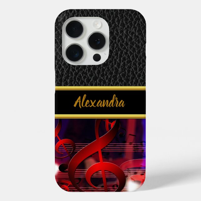 Coques Case-Mate iPhone Cuir et or Monogramme avec notes de musique rouge (Verso)