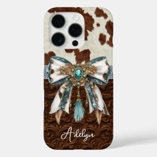 Coque iPhone 16 Pro Cuir Marron Cuir de Vachette à Nœud Orné de Pierre