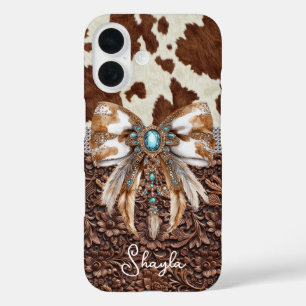 Coque Pour iPhone 16 Cuir Marron Cuir de Vachette Bijou Arc Monogrammé