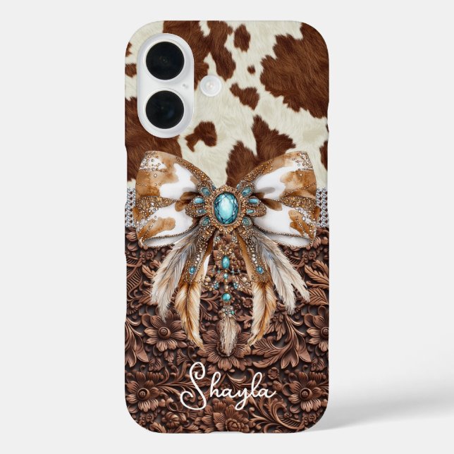 Coques Case-Mate iPhone Cuir Marron Cuir de Vachette Bijou Arc Monogrammé (Verso)