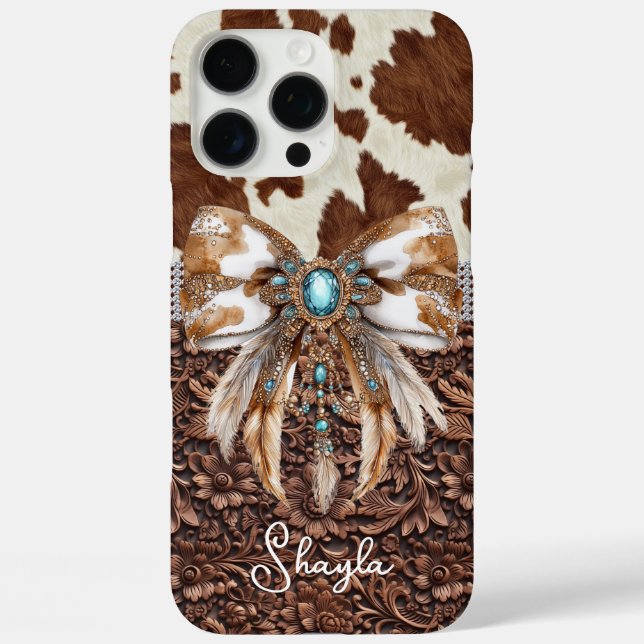 Coques Case-Mate iPhone Cuir Marron Cuir de Vachette Bijou Arc Monogrammé (Verso)
