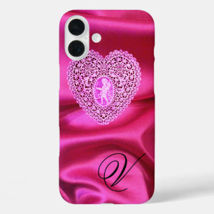 COQUE POUR iPhone 16 PLUS CUPID LACE COEUR SOIE ROSE FUCHSIA CLOS MONOGRAMME
