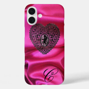COQUES iPhone 16 PLUS CUPIDON DENTELLE COEUR SOIE NOIR FUCHSIA TISSU MON