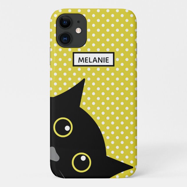 Coques Case-Mate iPhone Curieux point Polka jaune de chat noir personnalis (Dos)