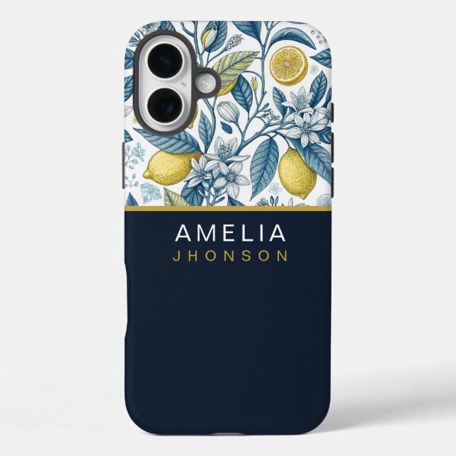 Coques Case-Mate iPhone Custom Elegant Mediterranean Lemon Botanical Navy (Verso)