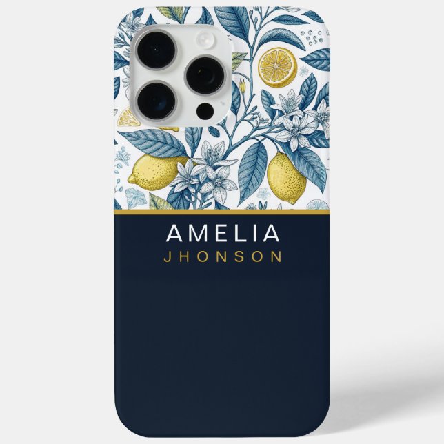 Coques Case-Mate iPhone Custom Elegant Mediterranean Lemon Botanical Navy (Verso)