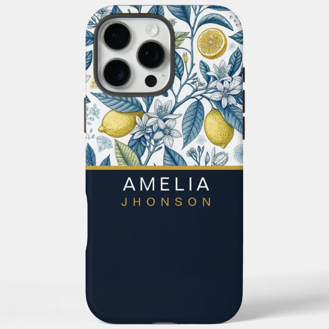 Coques Case-Mate iPhone Custom Elegant Mediterranean Lemon Botanical Navy (Verso)