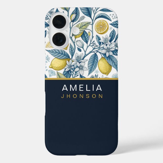 Coques Case-Mate iPhone Custom Elegant Mediterranean Lemon Botanical Navy (Verso)