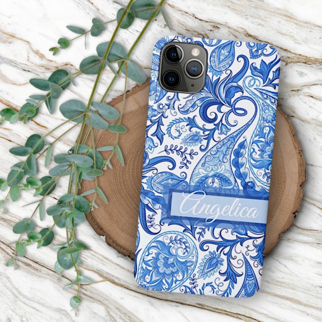 Coques Case-Mate iPhone Custom Light Bleu foncé Blanc floral Paisley Art (Créateur téléchargé)