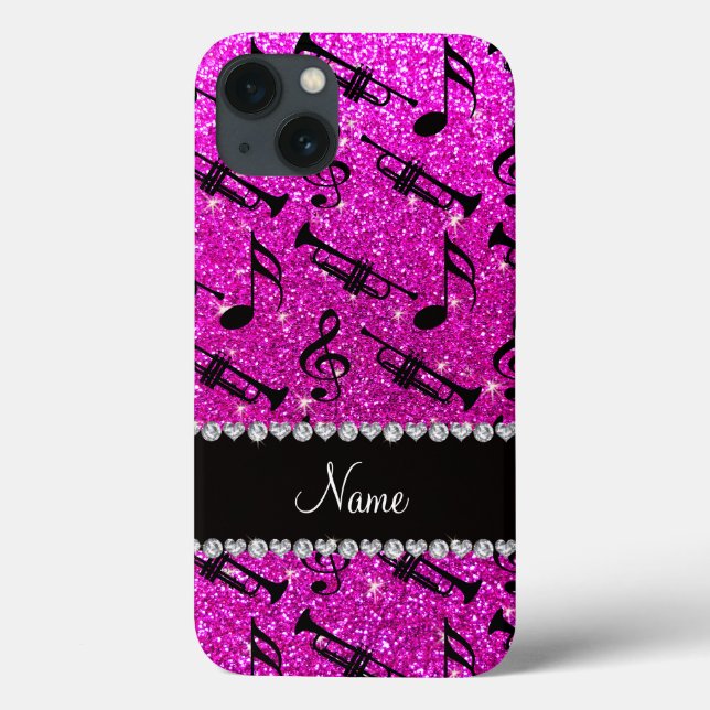 Coques Case-Mate iPhone Custom name neon pink glitter trumpets music notes (Verso)