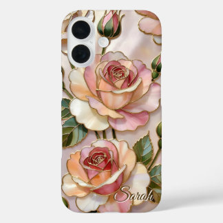 Coque Pour iPhone 16 Custom Name Pink Rose Phone Case Elegant Floral