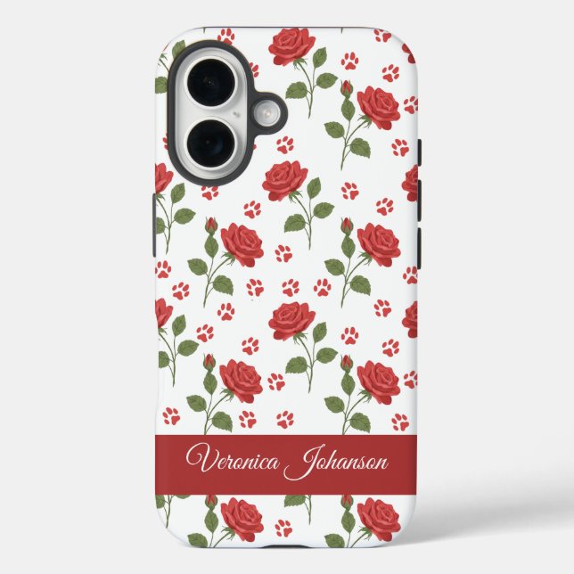 Coques Case-Mate iPhone Custom Name Red Roses & Paw Print Floral  (Verso)