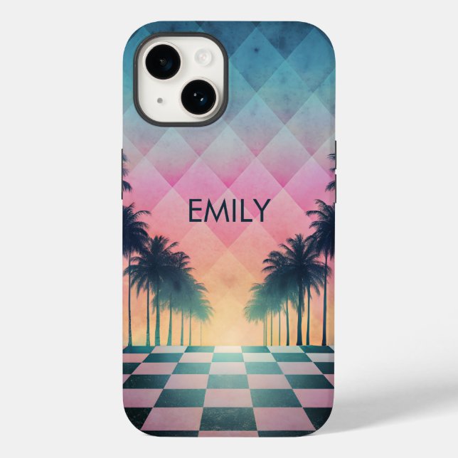 Coques Case-Mate iPhone Custom Name Retro Synthwave Sunset Palm Trees (Verso)