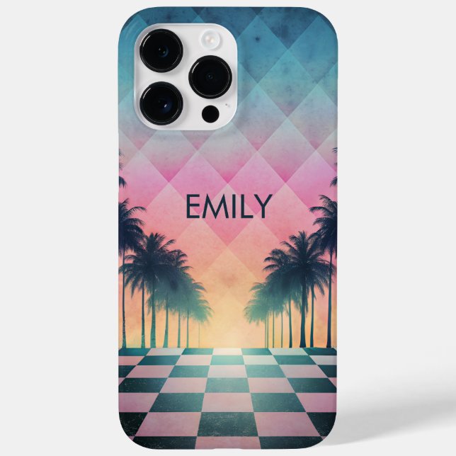 Coques Case-Mate iPhone Custom Name Retro Synthwave Sunset Palm Trees (Verso)