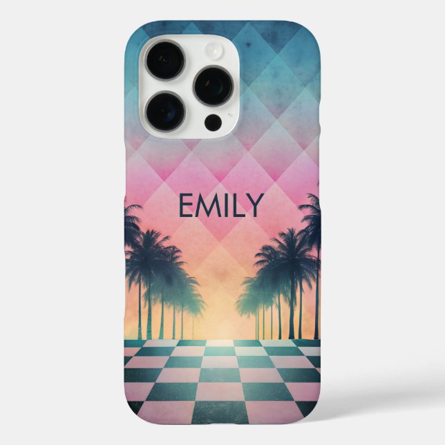 Coques Case-Mate iPhone Custom Name Retro Synthwave Sunset Palm Trees (Verso)
