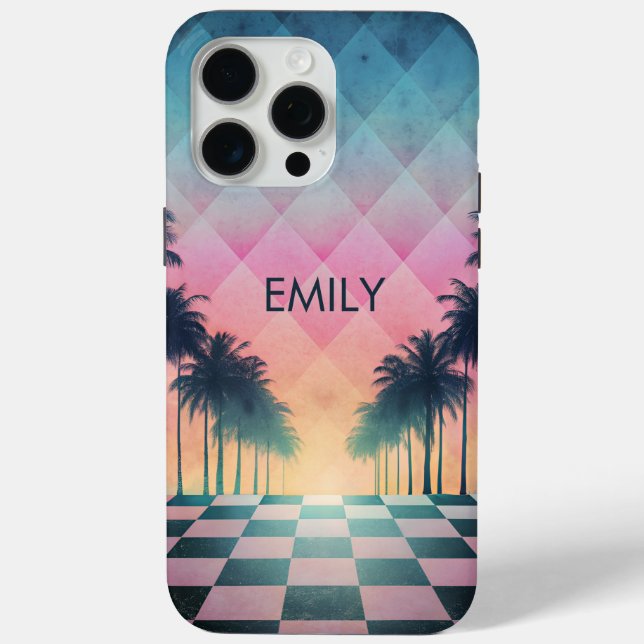 Coques Case-Mate iPhone Custom Name Retro Synthwave Sunset Palm Trees (Verso)