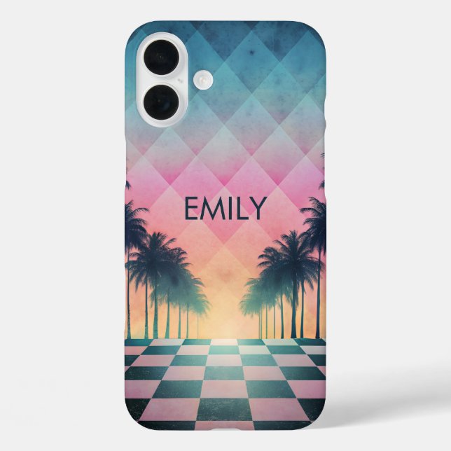 Coques Case-Mate iPhone Custom Name Retro Synthwave Sunset Palm Trees (Verso)