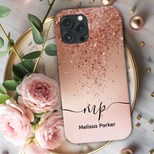 Coques Case-Mate iPhone Custom Rose Gold Glitter Drip Monogram (Créateur téléchargé)