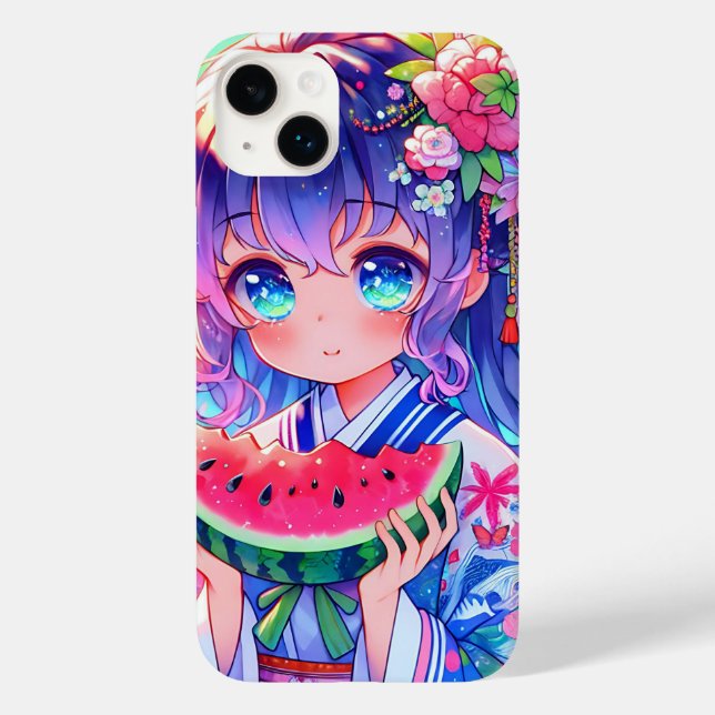 Coques Case-Mate iPhone Cute Anime Girl Manger Watermelon sur une journée  (Verso)