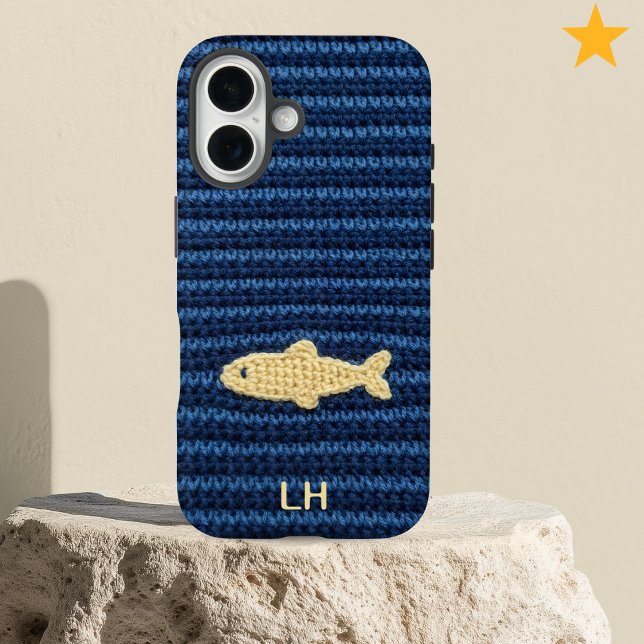 Coques Case-Mate iPhone Cute Blue Crochet Fish Yarn Custom Name (Créateur téléchargé)