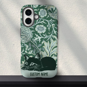 Coque Pour iPhone 16 Cute Chat Floral Art Nouveau Vert Nom personnalisé