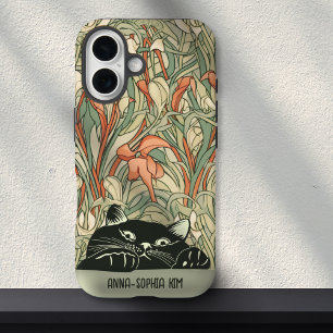Coque Pour iPhone 16 Cute Chat Floral Art Nouveau Vert Rouge Nom person