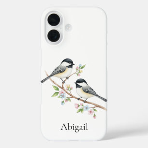 Coque Pour iPhone 16 Cute chickadee sur la branche de fleurs Nom person