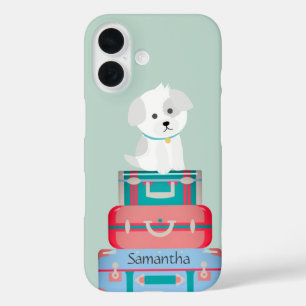 Coque Pour iPhone 16 Cute Dog Sat sur les valises Personnalisé