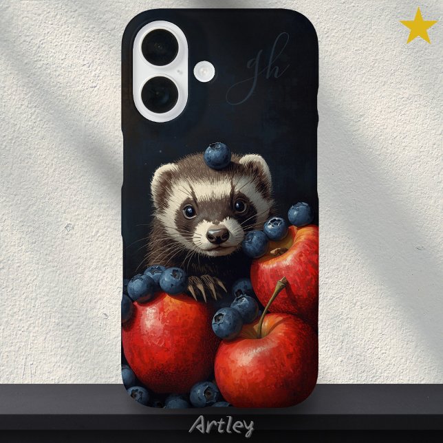 Coques Case-Mate iPhone Cute Ferret Bébé Animal Peeking Fruit Initiales (Créateur téléchargé)