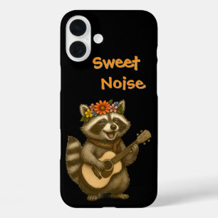 Coque Pour iPhone 16 Plus Cute Floral Raccoon Guitare Design Pour Amoureux D