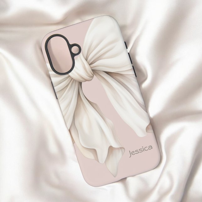 Coques Case-Mate iPhone Cute Girl Ivory White Bow sur rose avec nom (Personalize with your name or other desired text.)