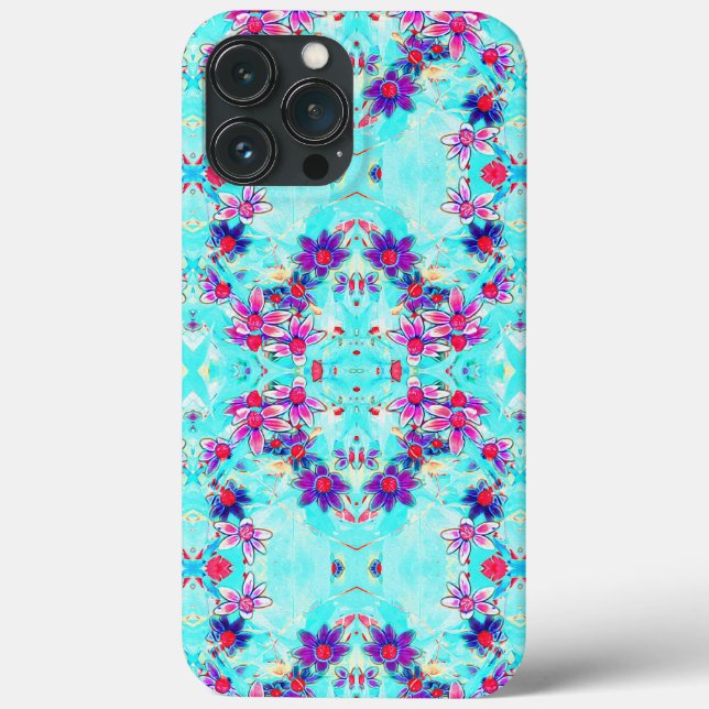 Coques Case-Mate iPhone Cute Girly Purple Flower Pattern on Aqua Blue (Verso)