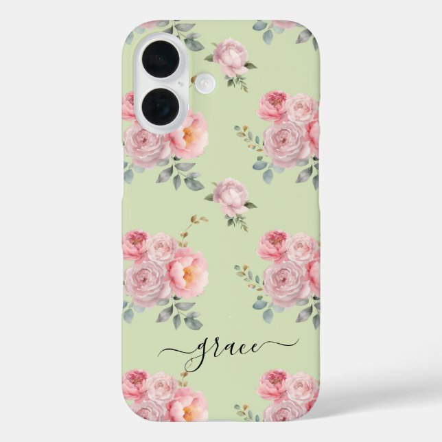 Coques Case-Mate iPhone Cute Girly Sage Vert rose Floral Personnalisé (Verso)