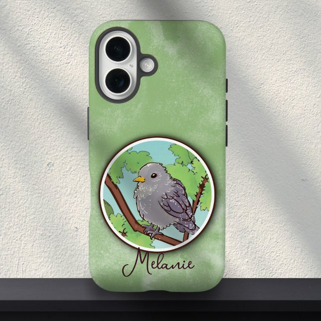 Coques Case-Mate iPhone Cute Green Gray Bird Painting Custom Name  (Créateur téléchargé)