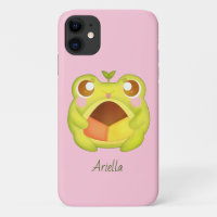 Cute Grenouille verte tenant le biscuit Polvoron m