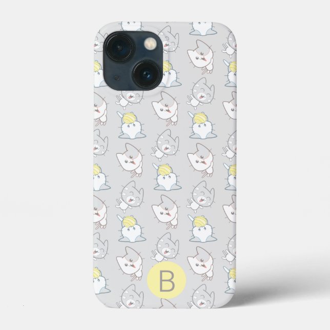 Coques Case-Mate iPhone Cute Kawaii Chat Motif Gris Jaune Monogramme (Verso)