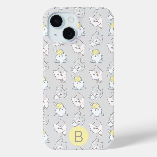 Coques Case-Mate iPhone Cute Kawaii Chat Motif gris jaune Monogramme (Verso)