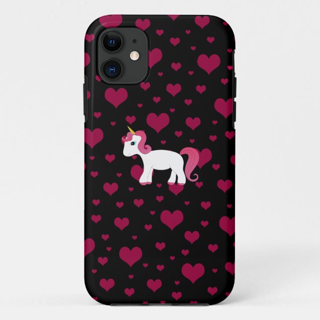 Coques Case-Mate iPhone Cute licorne noir coeurs roses (Dos)