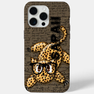 Coque iPhone 15 Pro Max Cute Nerdy Leopard Chat portant des lunettes