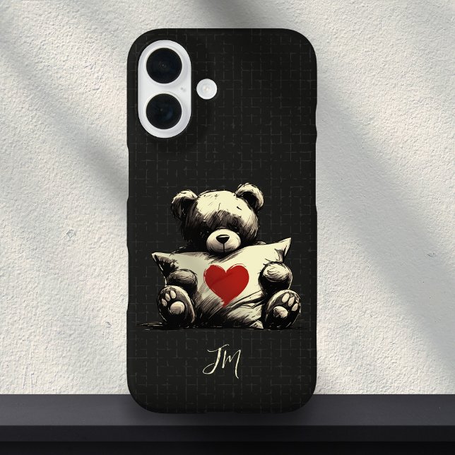 Coques Case-Mate iPhone Cute Noir Teddy Ours Hug Coeur Coussin Monogramme (Créateur téléchargé)